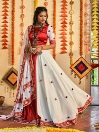 Thumbnail for Myra White and Red Maslin Cotton Embroidered Navratri Special Lehenga - Distacart