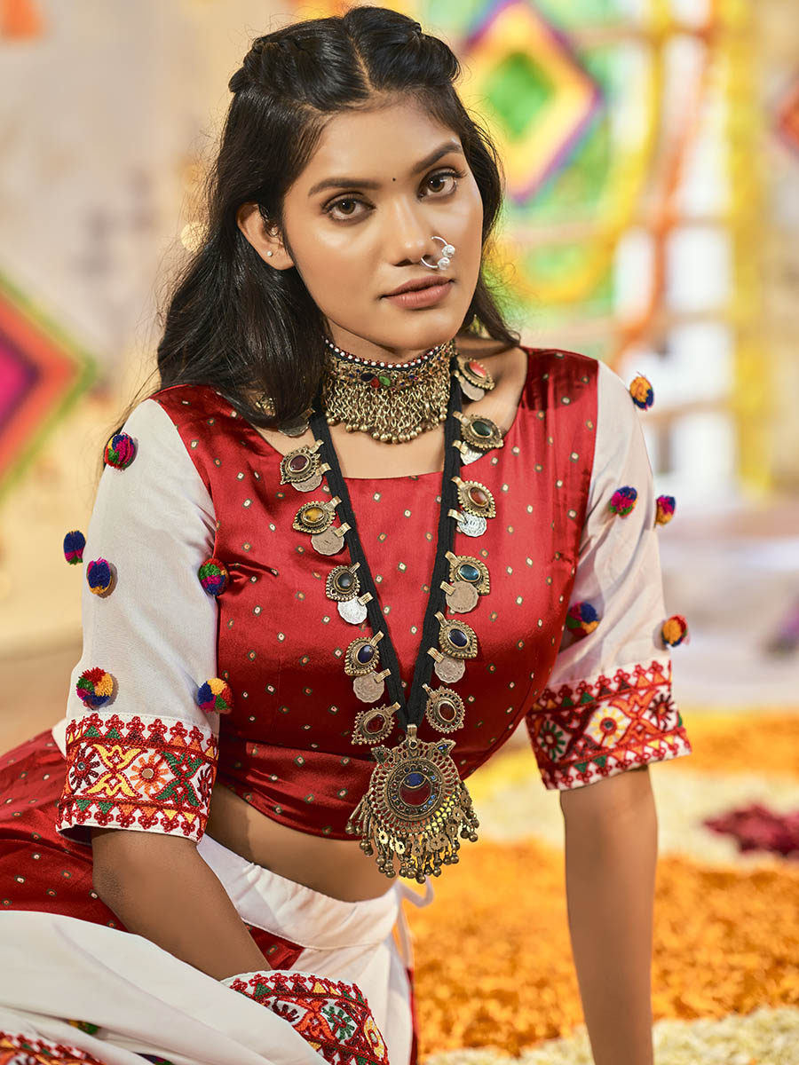 Myra White and Red Maslin Cotton Embroidered Navratri Special Lehenga - Distacart