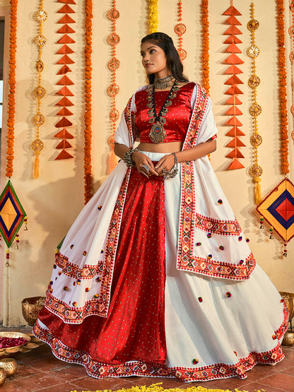 Myra White and Red Maslin Cotton Embroidered Navratri Special Lehenga - Distacart
