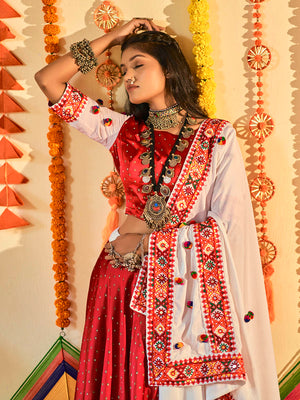 Myra White and Red Maslin Cotton Embroidered Navratri Special Lehenga - Distacart