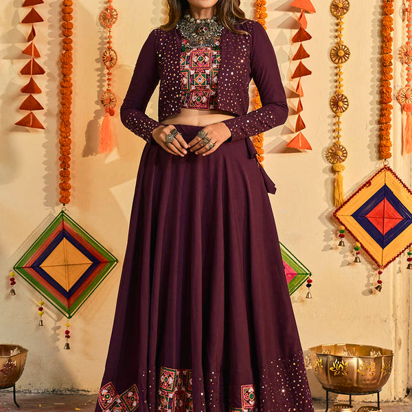 Myra Purple White and Red Maslin Cotton Embroidered Navratri Special Lehenga - Distacart