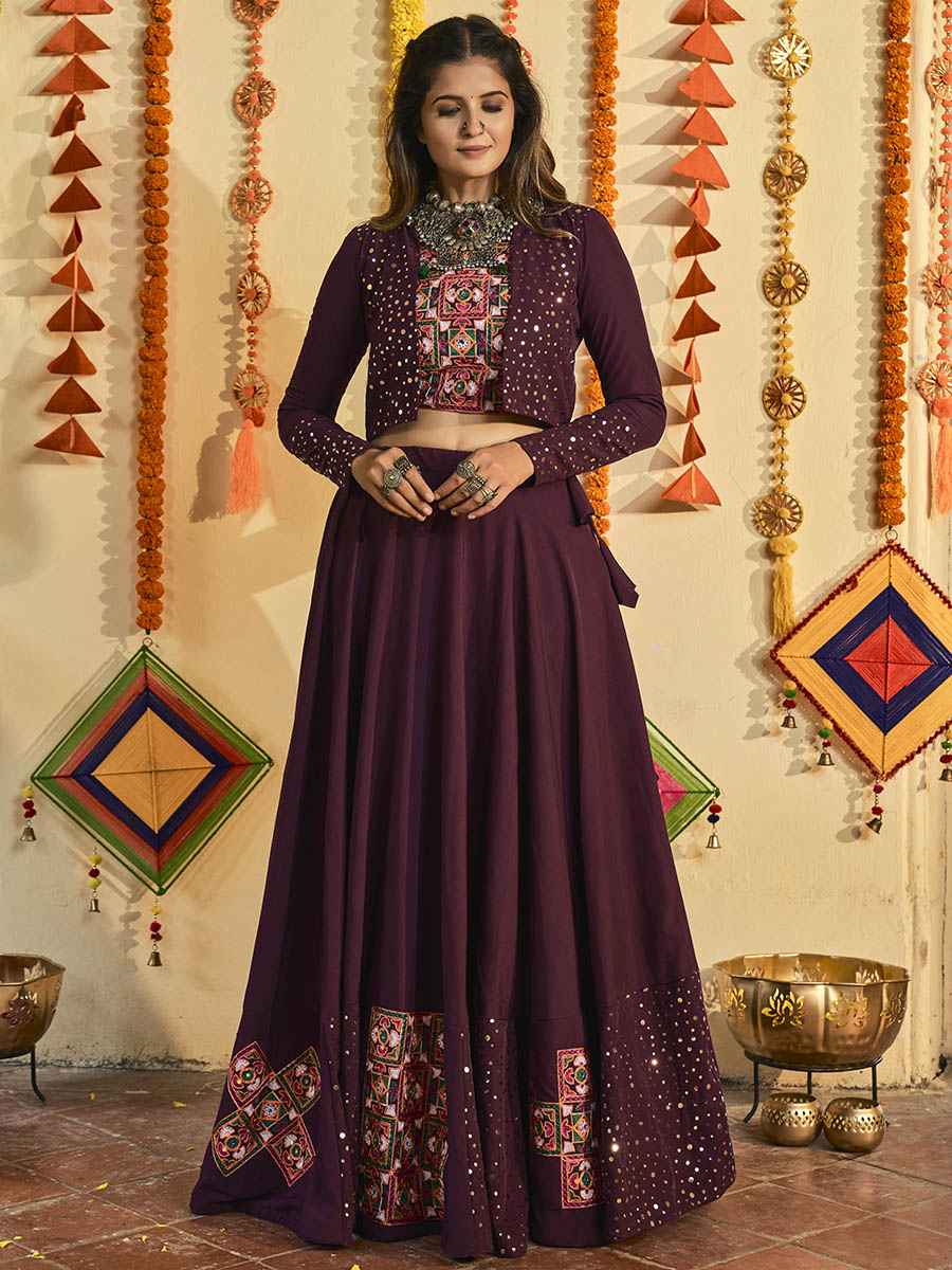 Myra Purple White and Red Maslin Cotton Embroidered Navratri Special Lehenga - Distacart