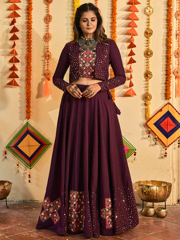 Myra Purple White and Red Maslin Cotton Embroidered Navratri Special Lehenga - Distacart