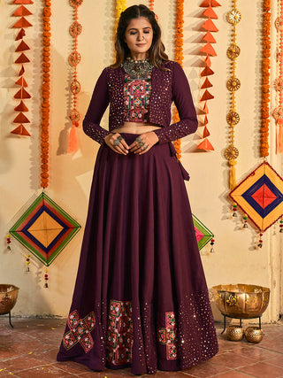 Myra Purple White and Red Maslin Cotton Embroidered Navratri Special Lehenga - Distacart