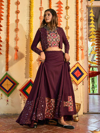 Thumbnail for Myra Purple White and Red Maslin Cotton Embroidered Navratri Special Lehenga - Distacart