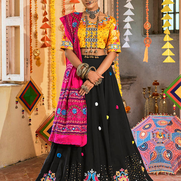 Myra Black and Mustard Yellow Maslin Cotton Embroidered Navratri Special Lehenga - Distacart