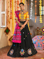 Thumbnail for Myra Black and Mustard Yellow Maslin Cotton Embroidered Navratri Special Lehenga - Distacart