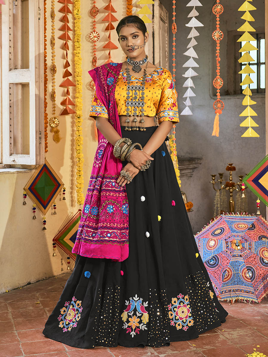 Myra Black and Mustard Yellow Maslin Cotton Embroidered Navratri Special Lehenga - Distacart