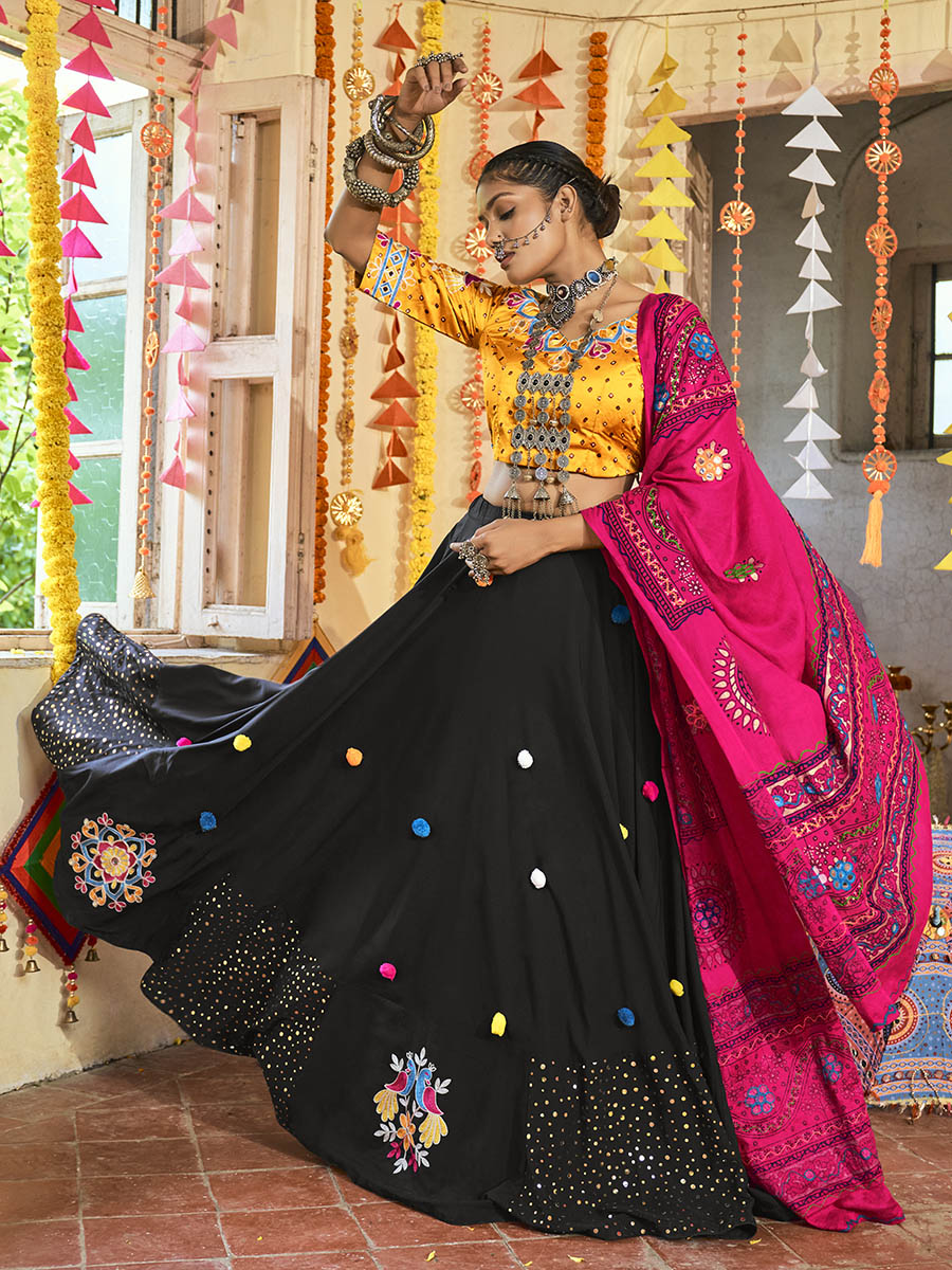 Myra Black and Mustard Yellow Maslin Cotton Embroidered Navratri Special Lehenga - Distacart