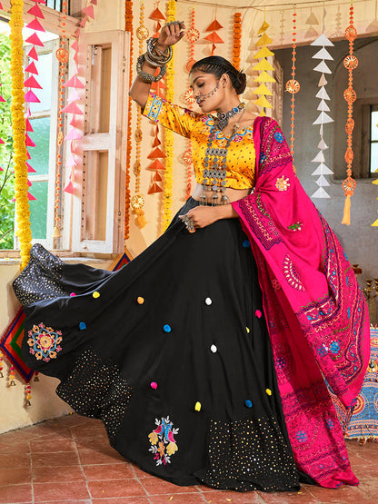 Myra Black and Mustard Yellow Maslin Cotton Embroidered Navratri Special Lehenga - Distacart