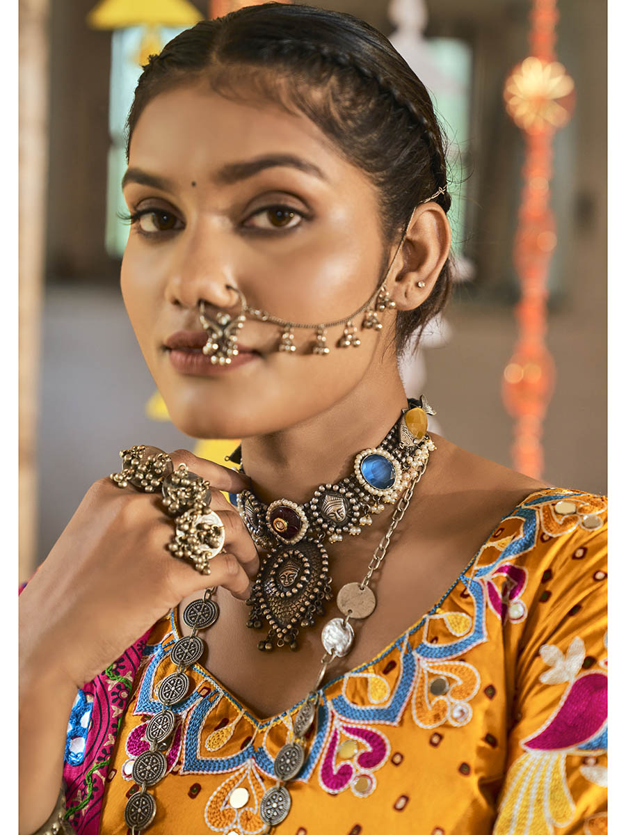 Myra Black and Mustard Yellow Maslin Cotton Embroidered Navratri Special Lehenga - Distacart