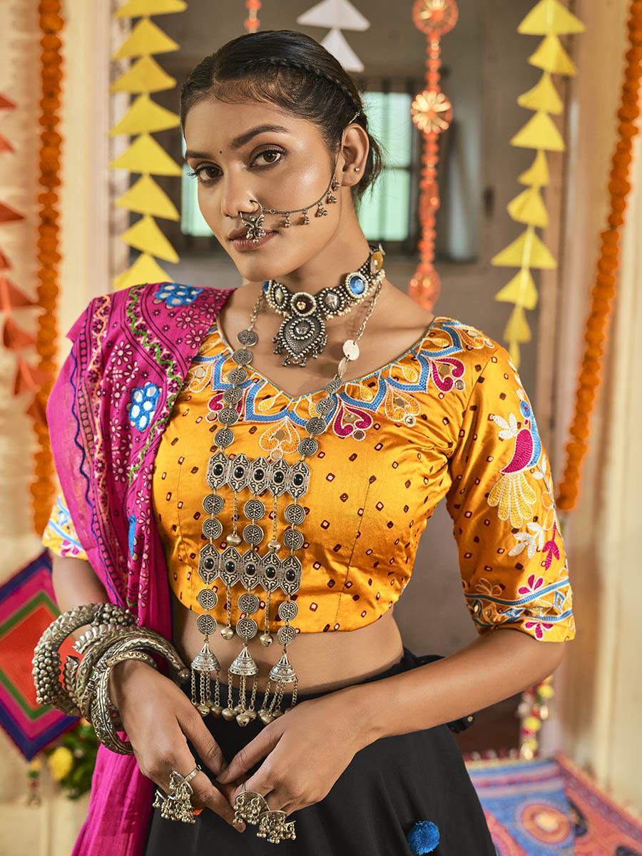 Myra Black and Mustard Yellow Maslin Cotton Embroidered Navratri Special Lehenga - Distacart