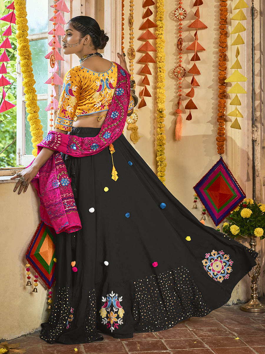 Myra Black and Mustard Yellow Maslin Cotton Embroidered Navratri Special Lehenga - Distacart