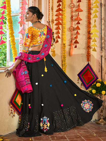 Myra Black and Mustard Yellow Maslin Cotton Embroidered Navratri Special Lehenga - Distacart
