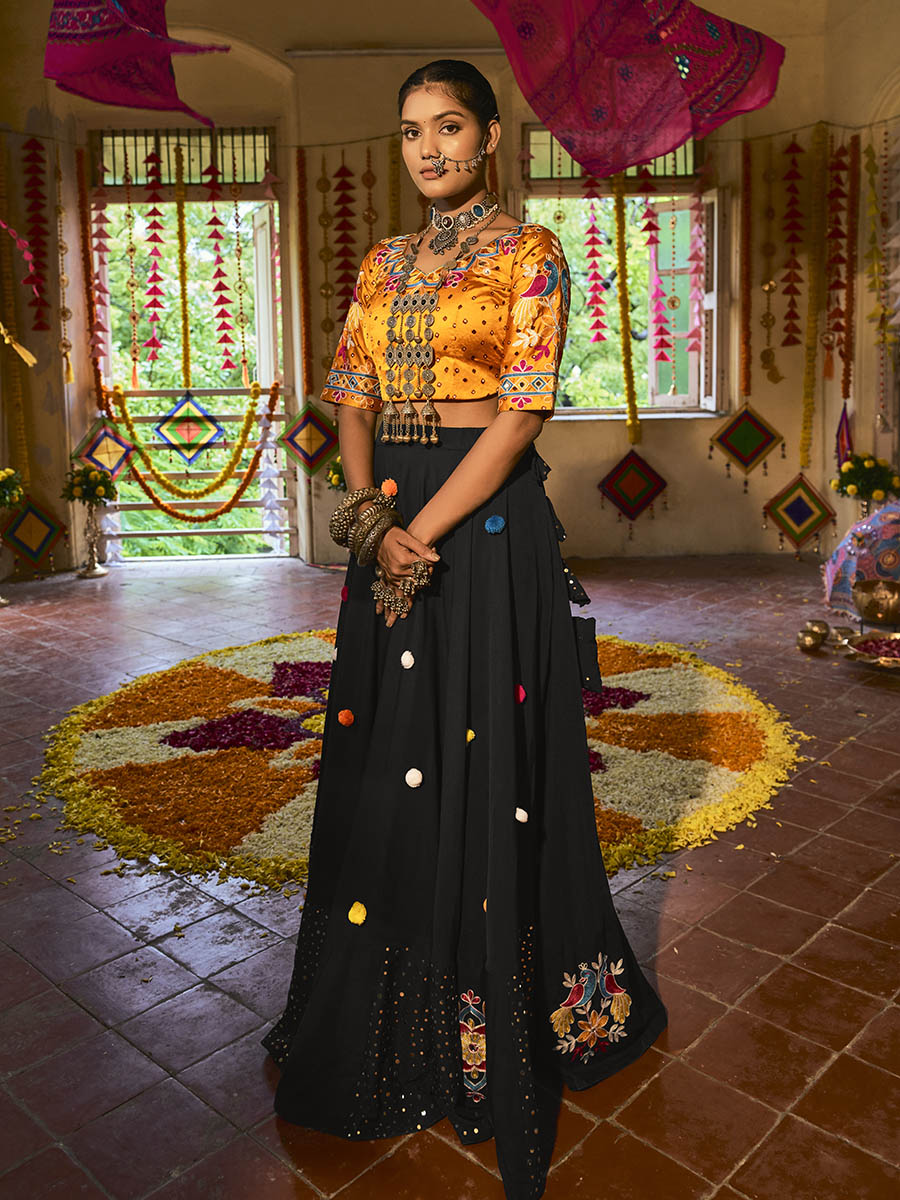 Myra Black and Mustard Yellow Maslin Cotton Embroidered Navratri Special Lehenga - Distacart