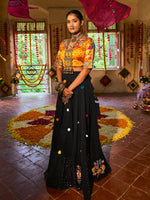 Thumbnail for Myra Black and Mustard Yellow Maslin Cotton Embroidered Navratri Special Lehenga - Distacart