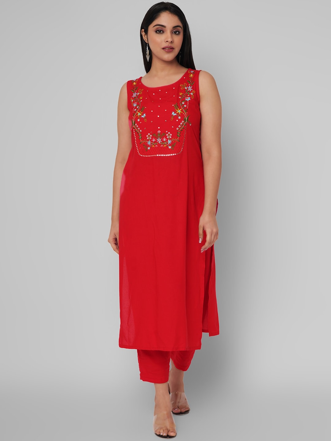 Kalini Women Red Floral Embroidered Mirror Work Kurta with Trousers - Distacart