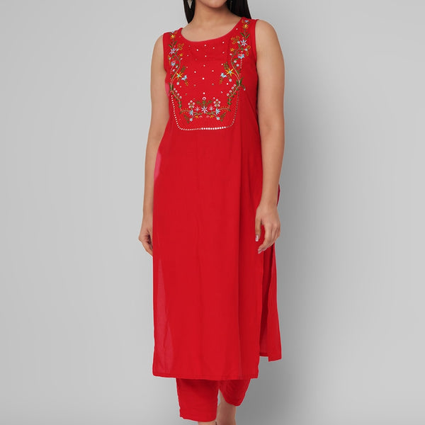 Kalini Women Red Floral Embroidered Mirror Work Kurta with Trousers - Distacart