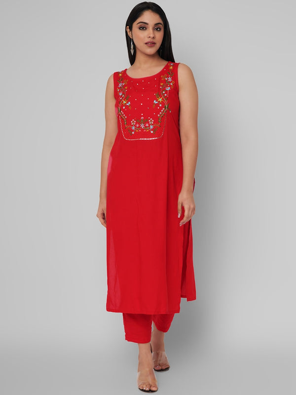 Kalini Women Red Floral Embroidered Mirror Work Kurta with Trousers - Distacart
