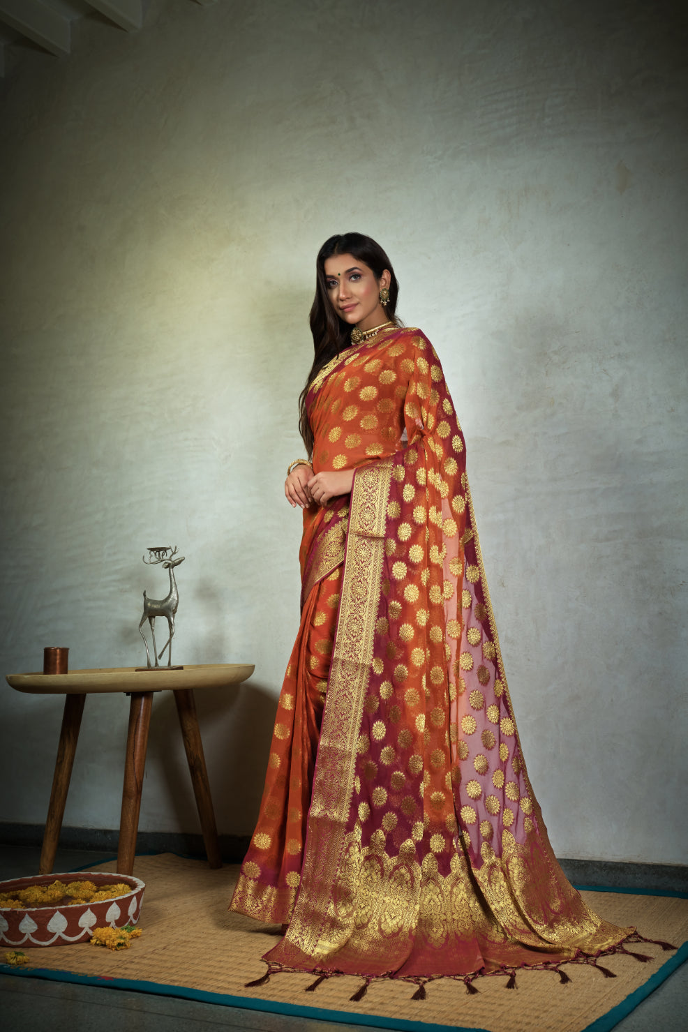 Vardha Marmalade Orange Golden Zari Banarasi Chiffon Saree