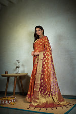 Thumbnail for Vardha Marmalade Orange Golden Zari Banarasi Chiffon Saree