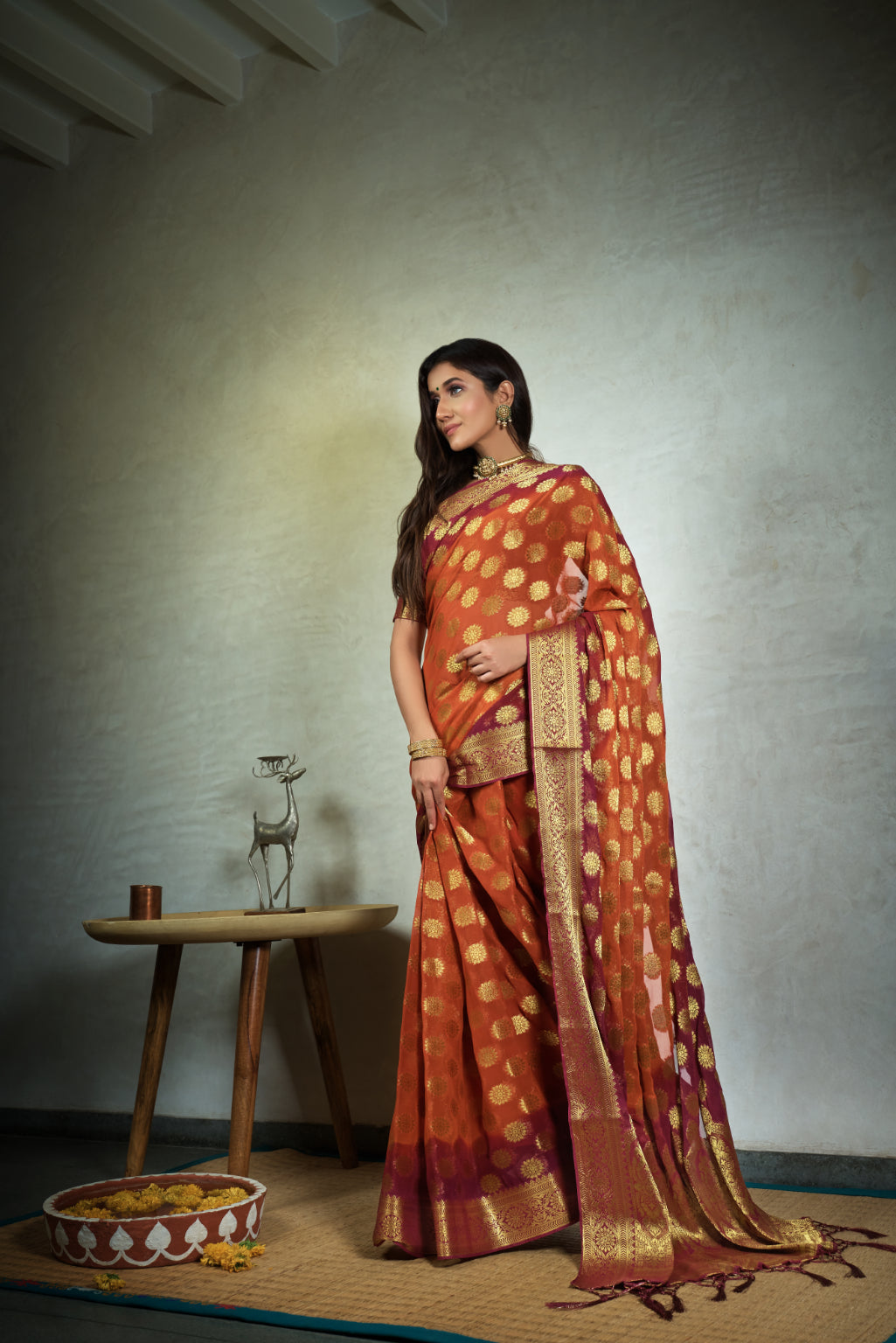 Vardha Marmalade Orange Golden Zari Banarasi Chiffon Saree