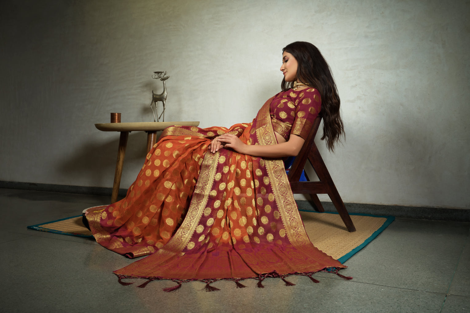 Vardha Marmalade Orange Golden Zari Banarasi Chiffon Saree