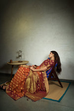 Thumbnail for Vardha Marmalade Orange Golden Zari Banarasi Chiffon Saree