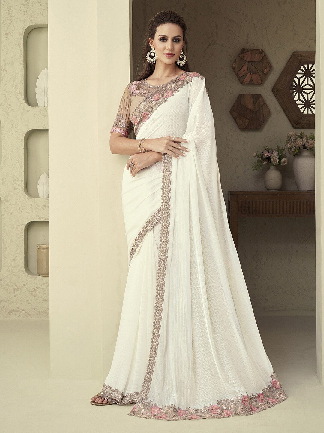 Mitera White & Pink Sequinned Pure Georgette Saree - Distacart
