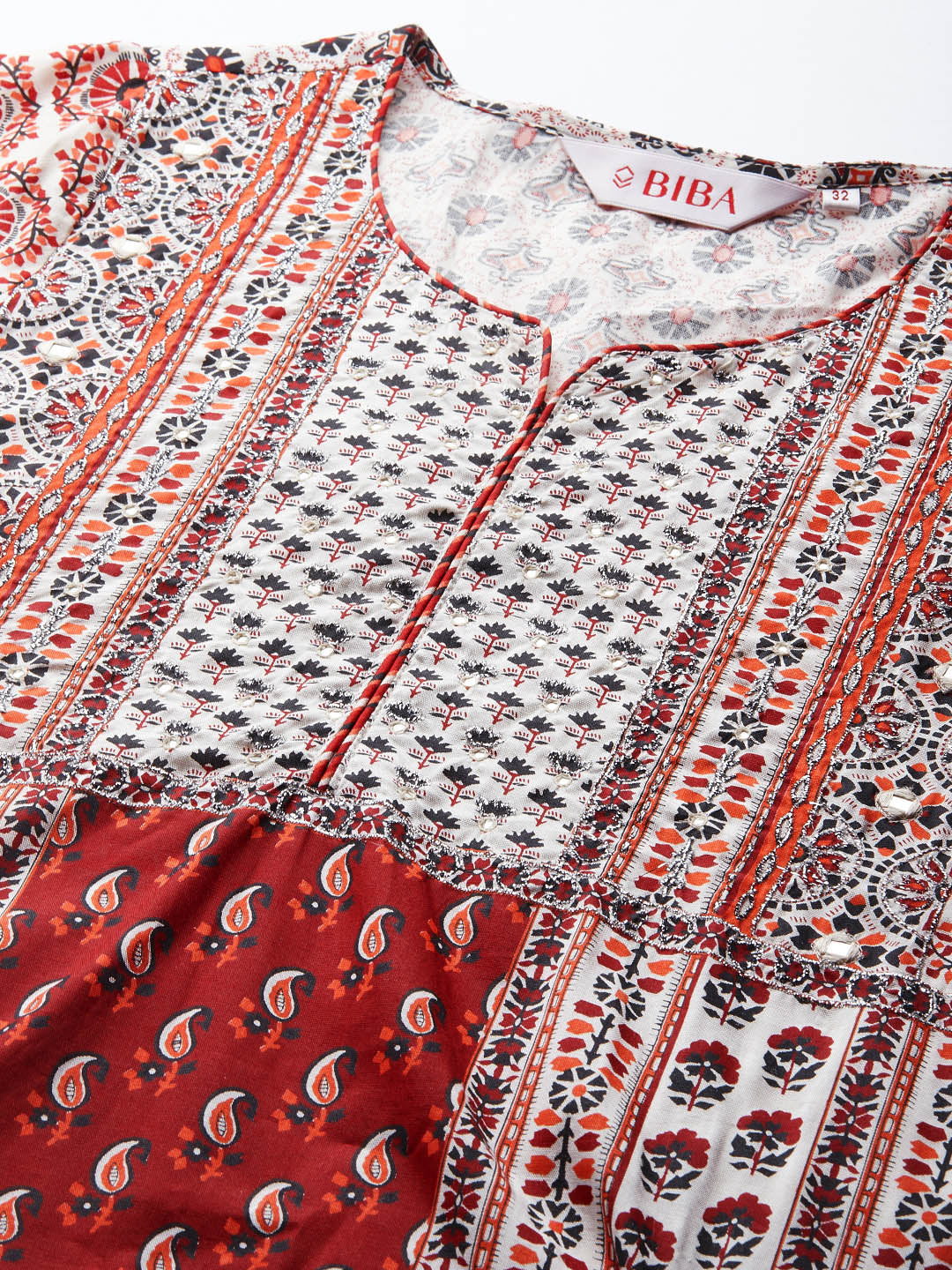 Biba Women Maroon & Off-White Ethnic Motif Print Straight Kurta - Distacart