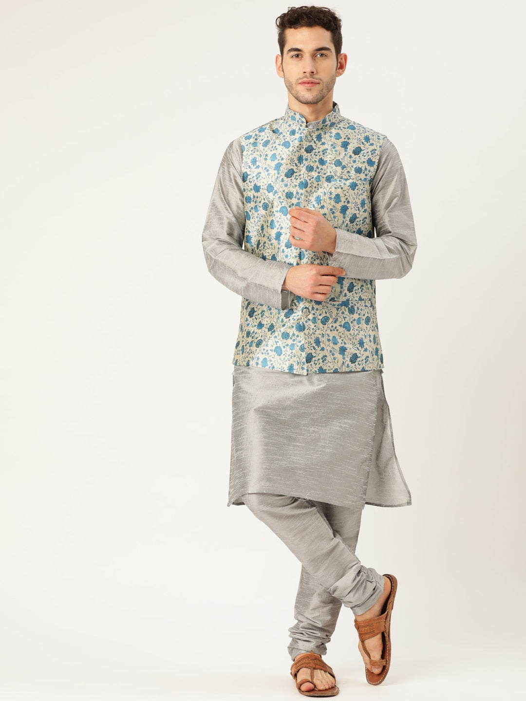 Sojanya Men Grey & Blue Solid Kurta Set with Nehru Jacket - Distacart