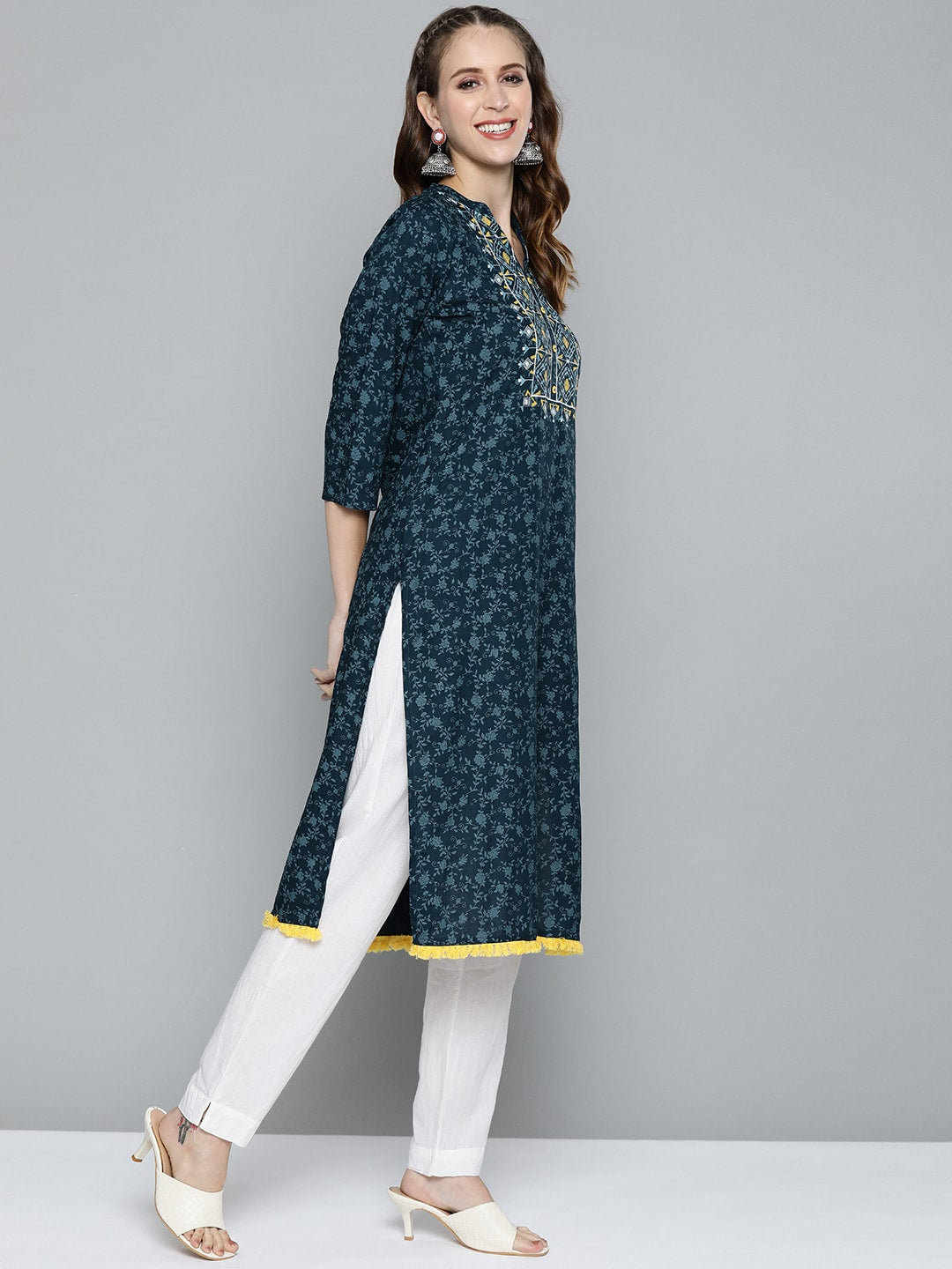 HERE&NOW Women Teal Blue Ethnic Motifs Printed Straight Kurta - Distacart