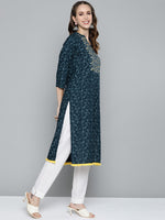 Thumbnail for HERE&NOW Women Teal Blue Ethnic Motifs Printed Straight Kurta - Distacart