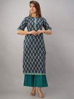 Thumbnail for HERE&NOW Turquoise Blue Floral Printed Regular Kurta with Palazzos - Distacart