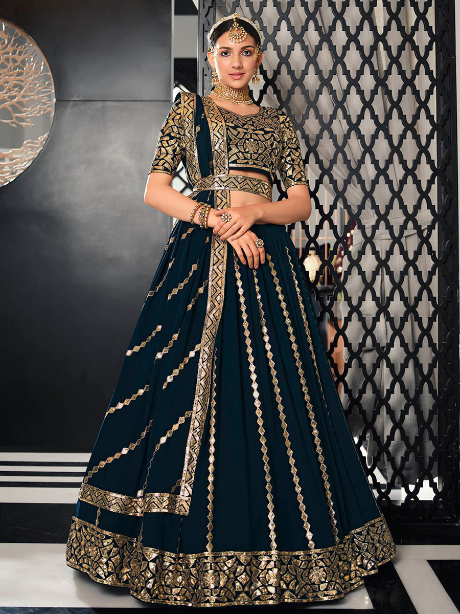 Myra Teal Blue Georgette Embroidered Designer Lehenga - Distacart