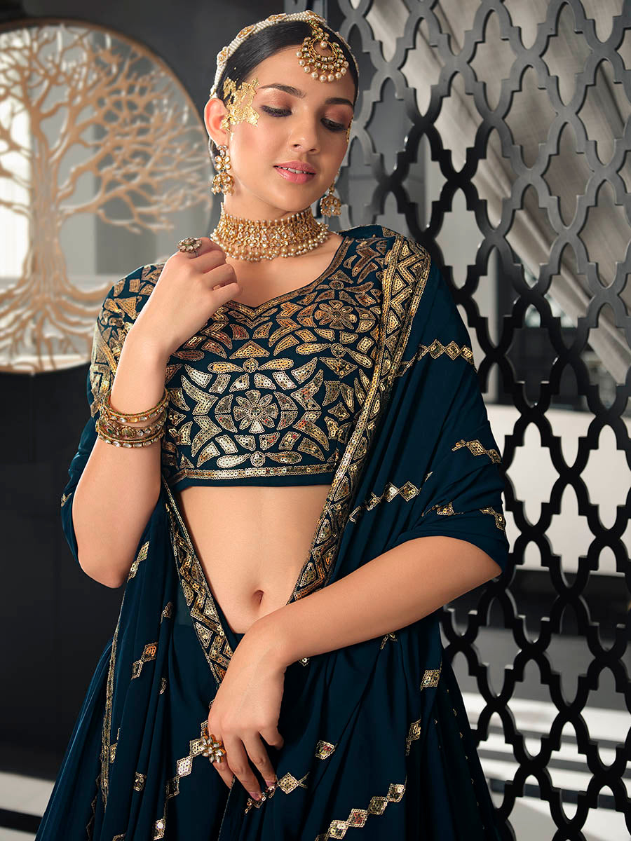 Myra Teal Blue Georgette Embroidered Designer Lehenga - Distacart