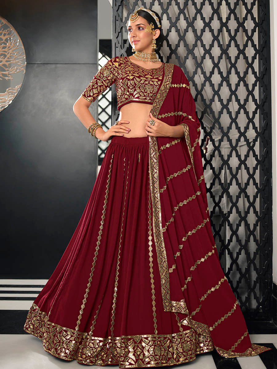 Myra Maroon Georgette Embroidered Designer Lehenga - Distacart