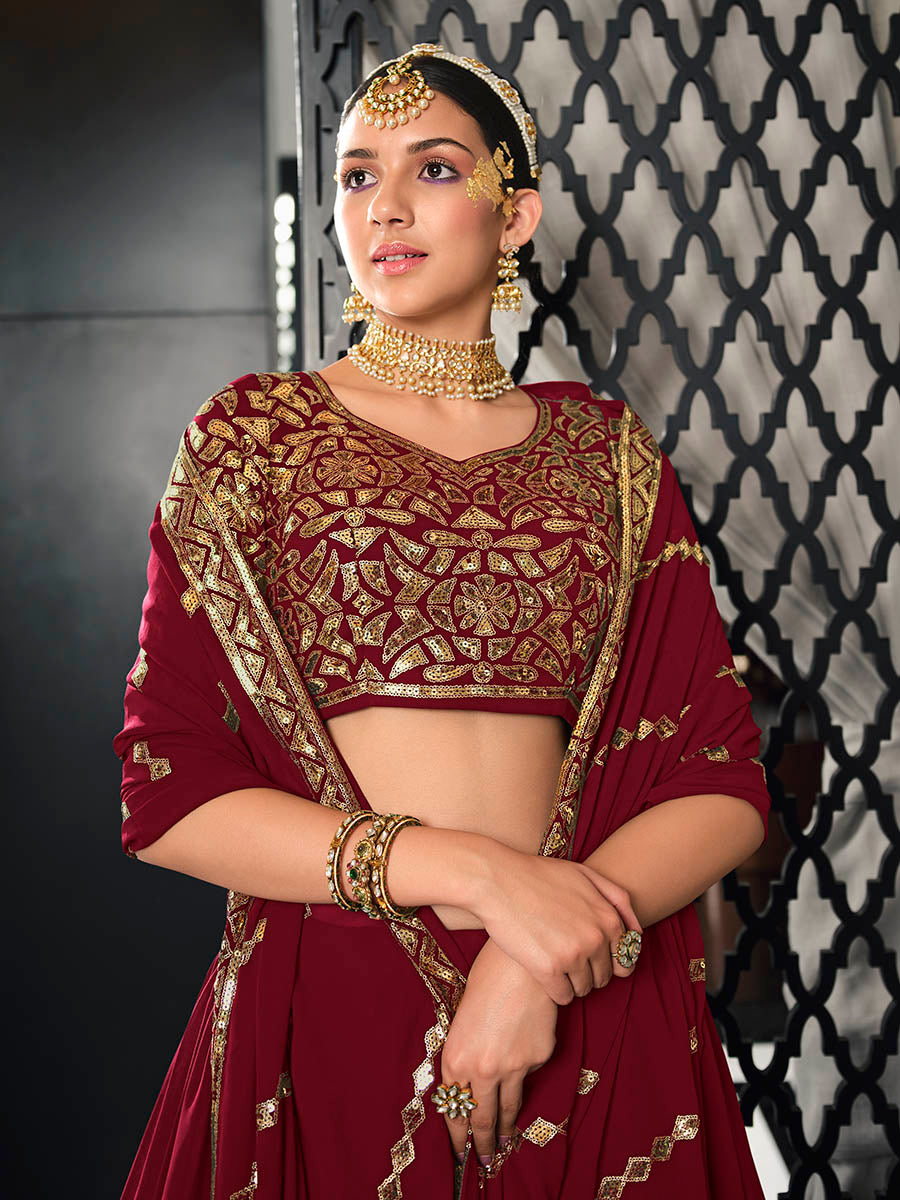Myra Maroon Georgette Embroidered Designer Lehenga - Distacart