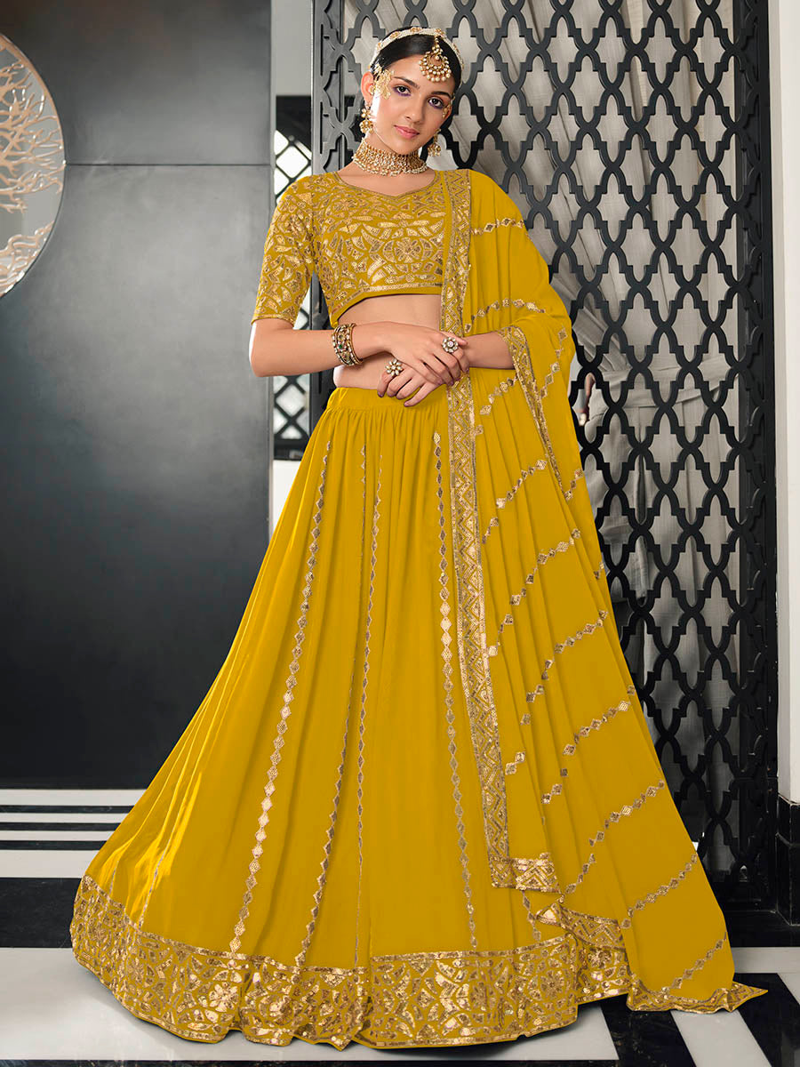 Myra Yellow Georgette Embroidered Designer Lehenga - Distacart