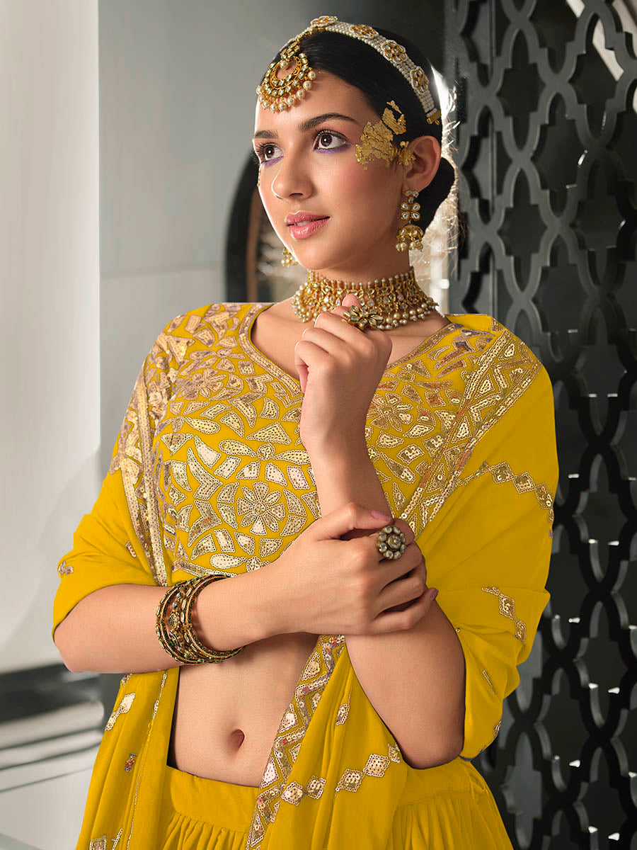 Myra Yellow Georgette Embroidered Designer Lehenga - Distacart