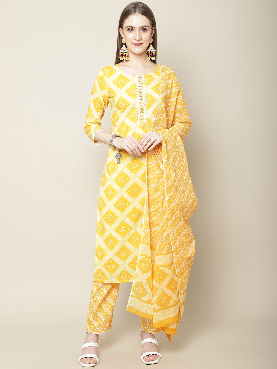 Sangria Women Yellow Printed Thread Work Pure Cotton Kurta with Trousers - Distacart