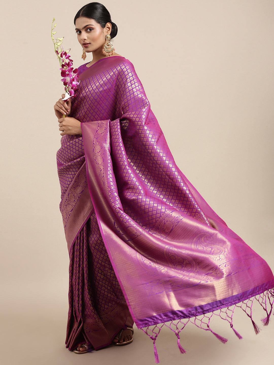 Saree Mall Purple Ethnic Motifs Zari Silk Blend Banarasi Sarees - Distacart