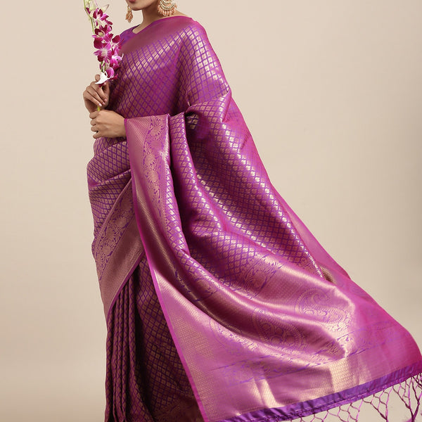 Saree Mall Purple Ethnic Motifs Zari Silk Blend Banarasi Sarees - Distacart