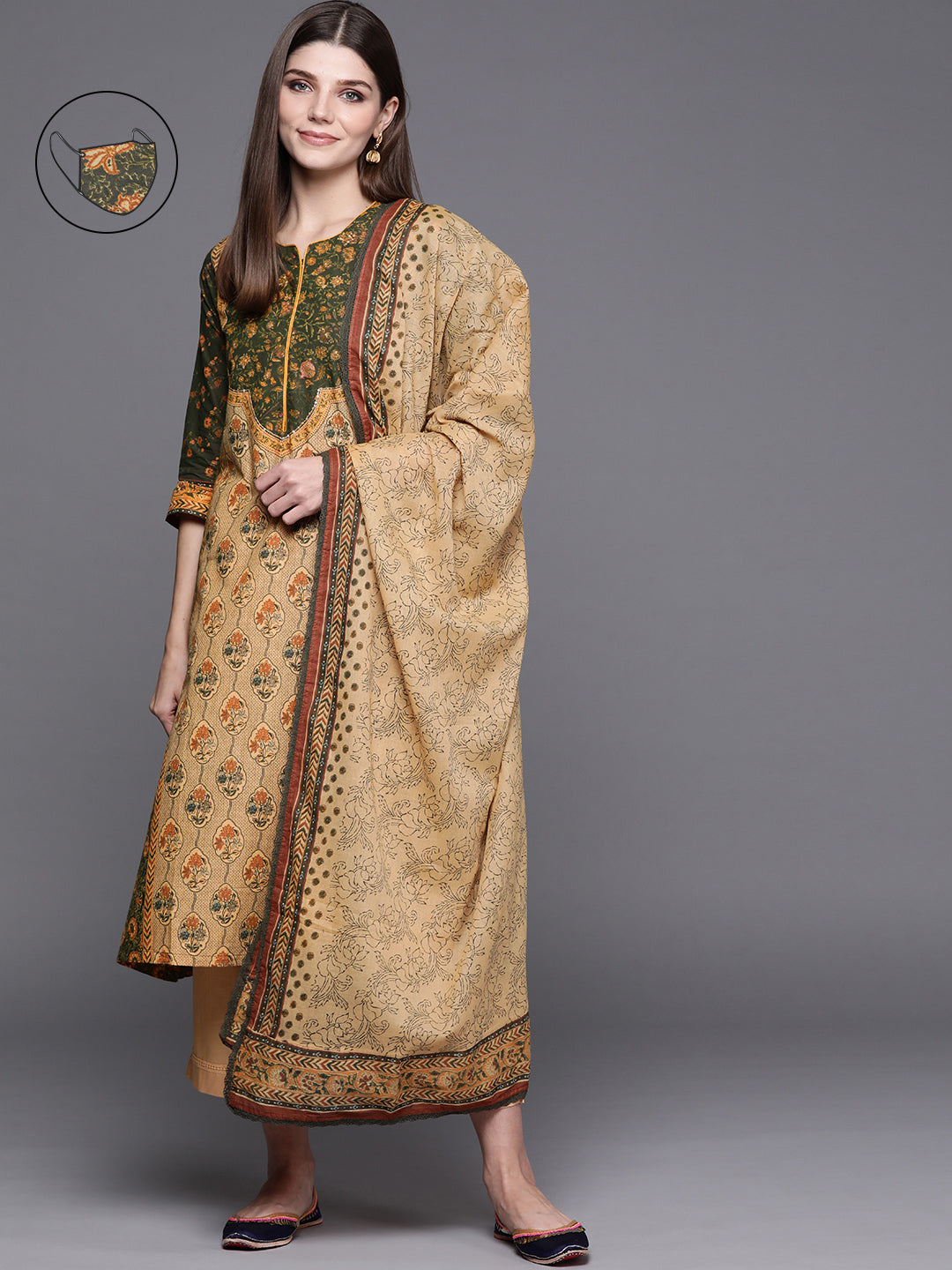 Biba Women Khaki Floral Printed Regular Pure Cotton Kurta with Palazzos & With Dupatta - Distacart