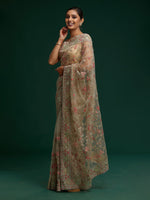 Thumbnail for Koskii Green & Pink Embellished Gotta Patti Supernet Saree - Distacart