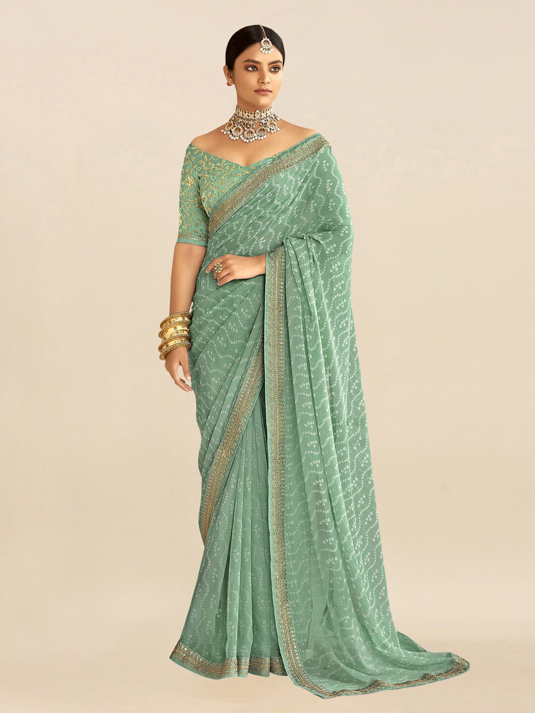 Mitera Sea Green & White Embroidered Pure Georgette Bandhani Saree - Distacart