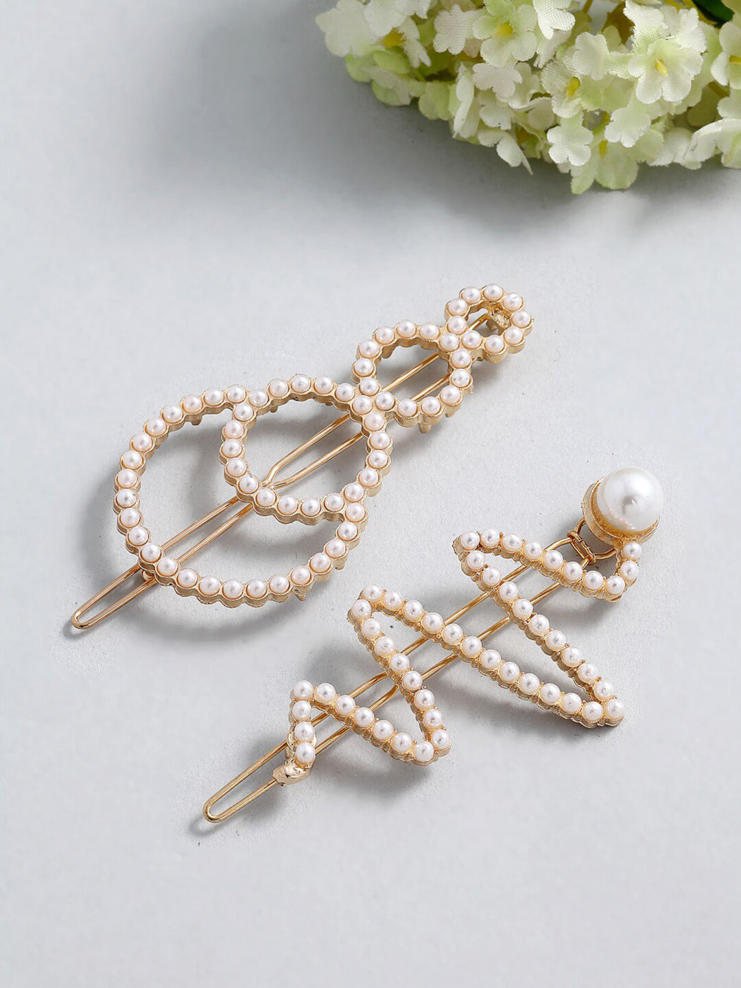 Panash Women Set of 2 Gold-Toned & White Beaded Hair Pins - Distacart
