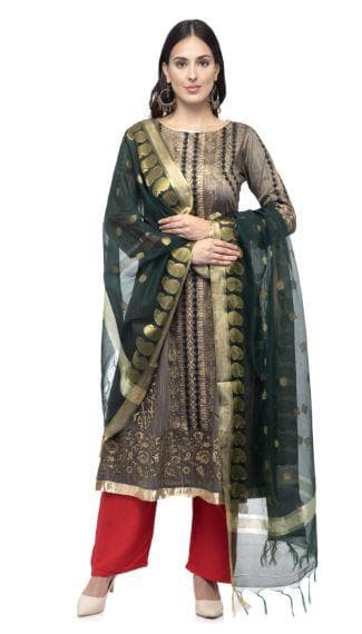 A R Silk Women's Chanderi Zari Embroidery Bottle Green Fancy Dupatta