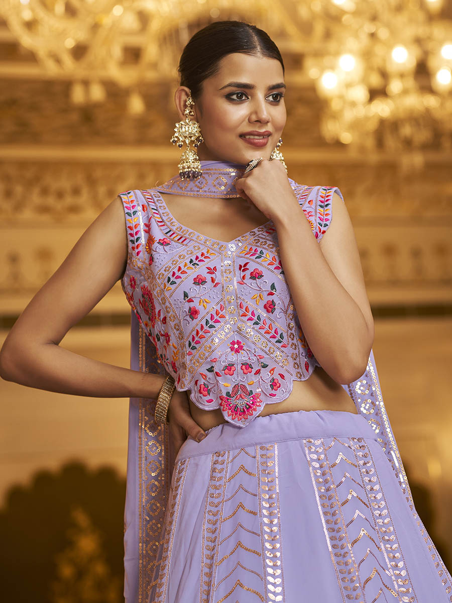Myra Lavender Gorgette Embroidered Designer Lehenga Choli - Distacart