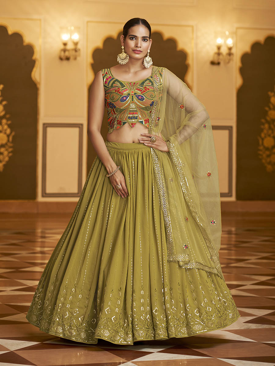 Myra Folurecent Green Gorgette Embroidered Designer Lehenga Choli - Distacart